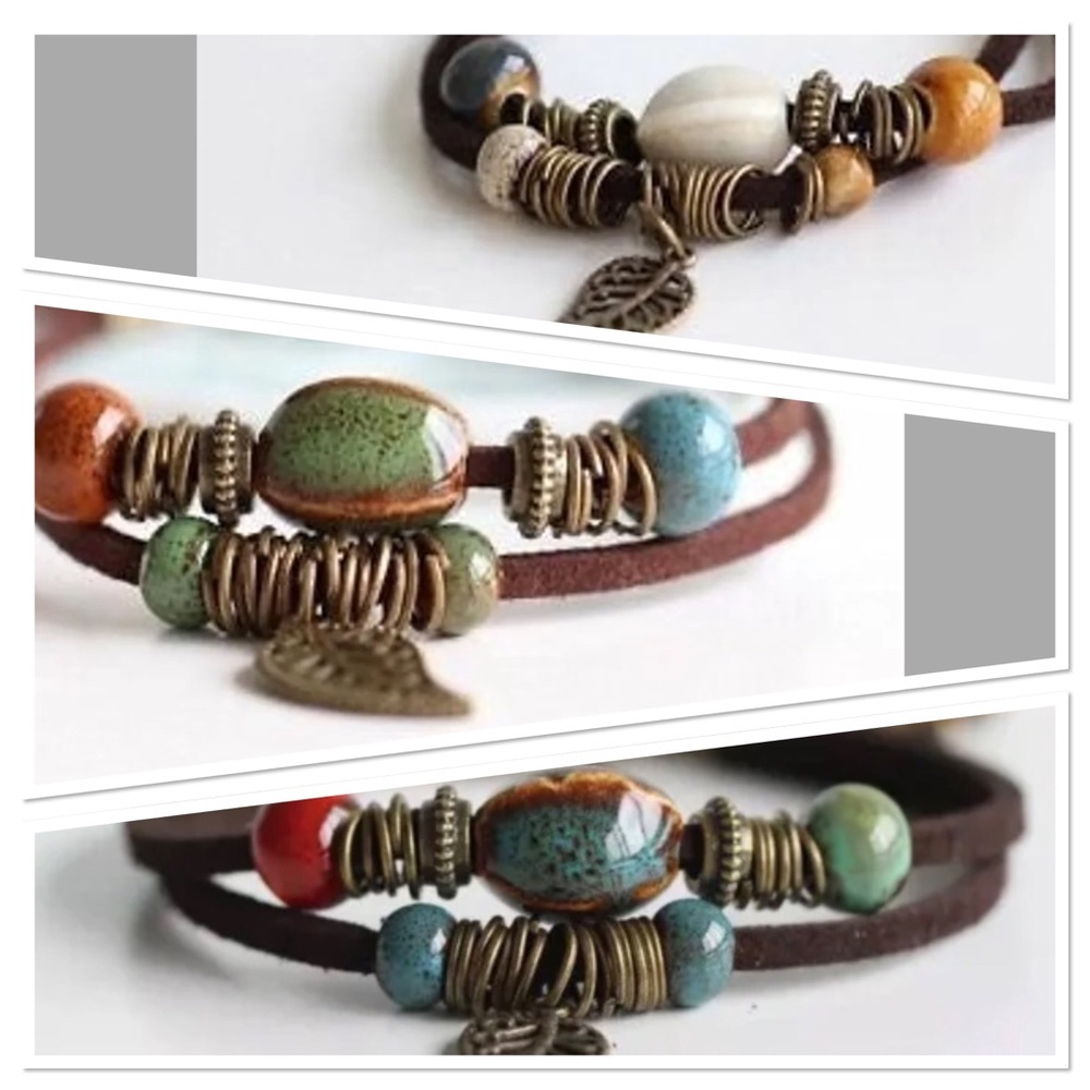 Boho Rope Leather Leaf Bead Bracelet
